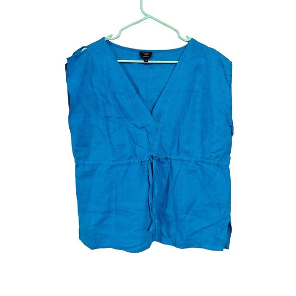 Talbots Blue Sleeveless Blouse Pure Irish Linen Drawstring Waist Size 14 - Picture 1 of 6